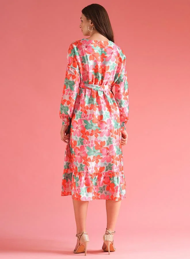 globus Globus Floral Print Wrap Tie-Up Ruffled Hem Midi Dress