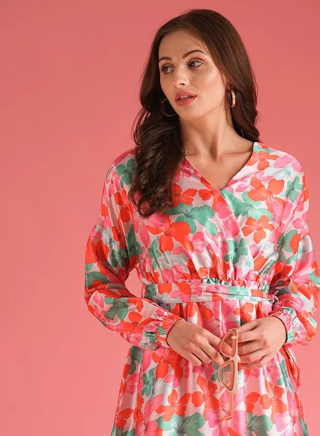 globus Globus Floral Print Wrap Tie-Up Ruffled Hem Midi Dress