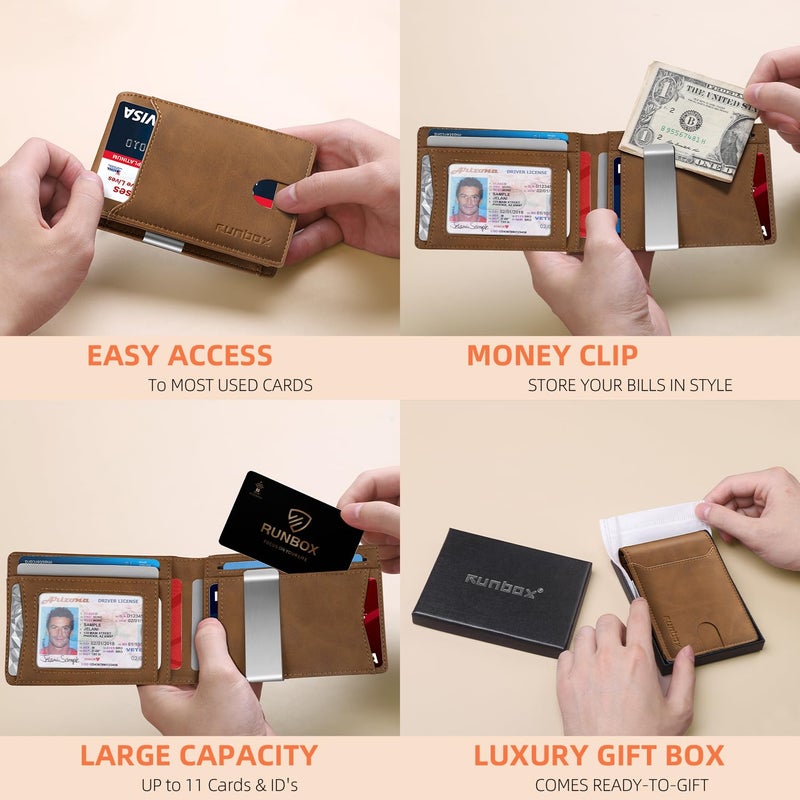 RUNBOX Slim Wallets for Men - Leather Money Clip Mens Wallet - RFID Blocking Front Pocket Bifold Wallet - Thin Credit Card Holder with Gift Box - Image 2