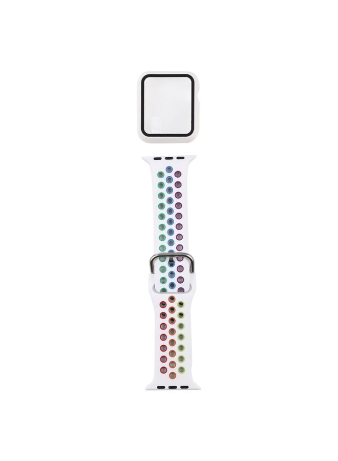 BURAQ Protective Cover Silicone Watch Band + Protective Case with Screen Protector Set For Apple Watch Series 6 & SE & 5 & 4 44mm(White Colorful)