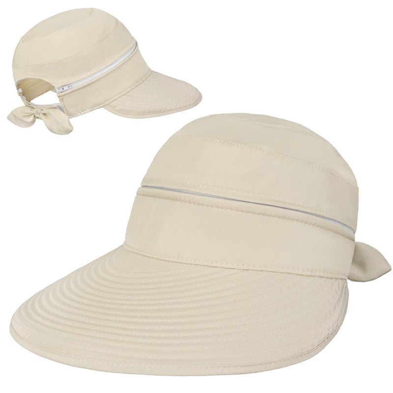 Suncube SUN CUBE Women Sun Hat for Outdoor UV Protection, Wide Brim Sun Hat Ponytail, Convertible Zip-Off Beach Hat Visor for Golf Gardening Pool Travel, Foldable Summer UPF50+ Visor Hat, Beige - Image 2