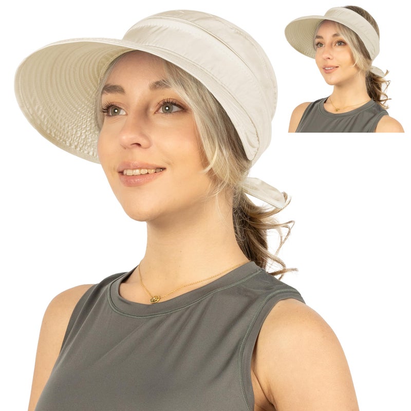 Suncube SUN CUBE Women Sun Hat for Outdoor UV Protection, Wide Brim Sun Hat Ponytail, Convertible Zip-Off Beach Hat Visor for Golf Gardening Pool Travel, Foldable Summer UPF50+ Visor Hat, Beige - Image 1