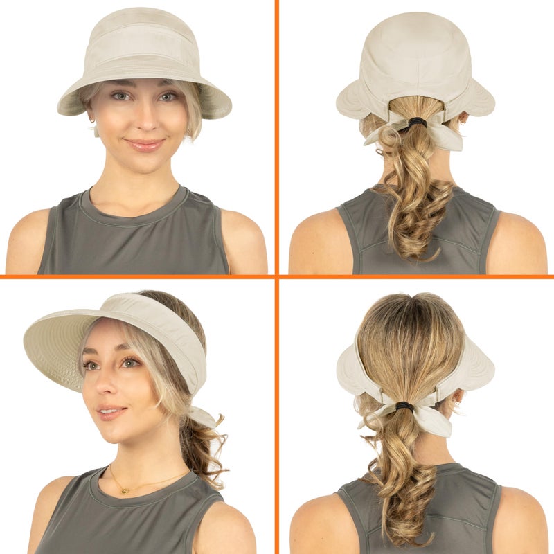 Suncube SUN CUBE Women Sun Hat for Outdoor UV Protection, Wide Brim Sun Hat Ponytail, Convertible Zip-Off Beach Hat Visor for Golf Gardening Pool Travel, Foldable Summer UPF50+ Visor Hat, Beige - Image 4