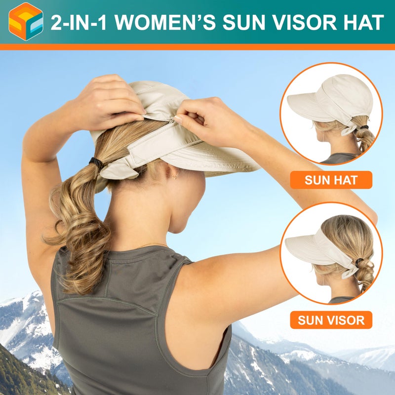 Suncube SUN CUBE Women Sun Hat for Outdoor UV Protection, Wide Brim Sun Hat Ponytail, Convertible Zip-Off Beach Hat Visor for Golf Gardening Pool Travel, Foldable Summer UPF50+ Visor Hat, Beige - Image 5