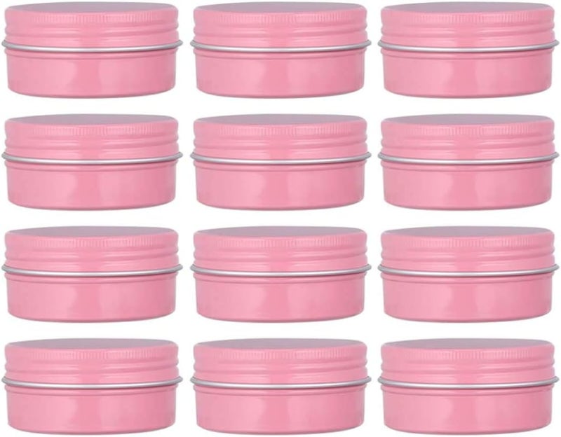 Healthcom 12 Pack 2 Oz Pink Round Aluminum Tin Cans Metal Steel Tins with Screw Top Lids Travel Storage Tins Cosmetic Sample Containers Jars for Lip Balm Salve Spice Candies Crafts Tea(60ml)