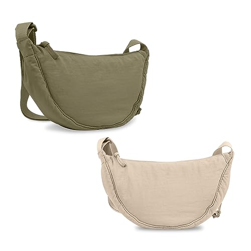 EVGLOW 2 Pcs Nylon Crescent Crossbody Bag for Women Purses Trendy Men,Small Travel Sling Bag Hobo,Lightweight Fanny Pack with Zipper Adjustable Strap,Round Shoulder Pouch Bag for Everyday Use(Beige+Green) - Image 1