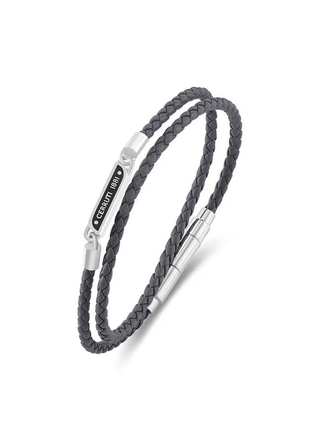 شيروتي 1881 Emiliano Silver Plated Stainless Steel Grey Double Braided Leather Bracelet for Men 400mm