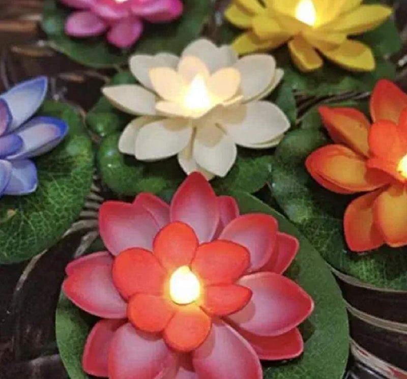 Lotus Flower Floating Diya Set with Water Sensor Multicolour Artificial but Natural Looking Flower with led Light Best for Diwali Purpose Decorations Pack of 6  - Image 1