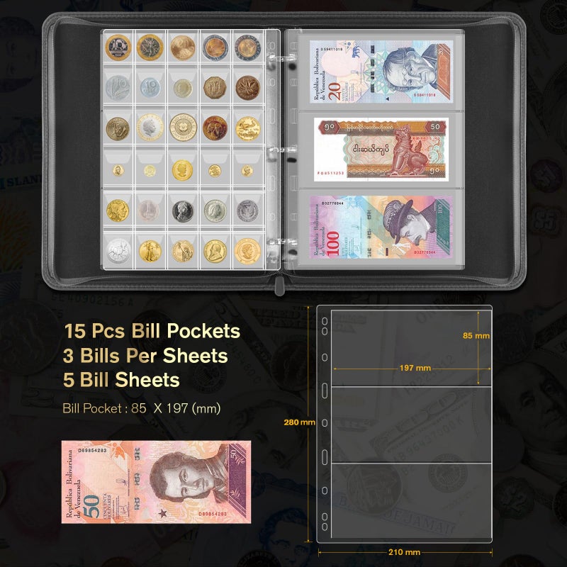 JoyHood Coin Collection Book Holder for Collectors - 400 Coins Pockets+15 Bills Pockets, Coin Collection Organizer Storage Box Case Album for 20/25/ 27/30/ 38mm Coin - Image 4