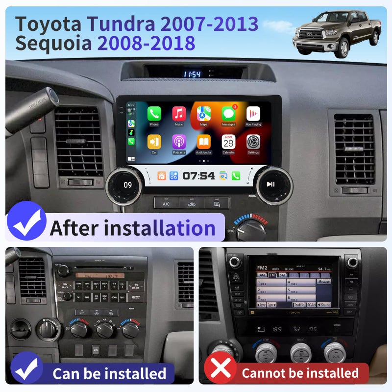 Generic Car Radio for Toyota Tundra 2007-2013 Sequoia 2008-2018 Dual Knob Stereo with Wireless CarPlay/Android Auto 10.1 inch Touch Screen Head Unit Android 13.0 BT/WiFi/DSP/GPS/SWC/RDS/FM/AM/Backup Camera  - Image 2