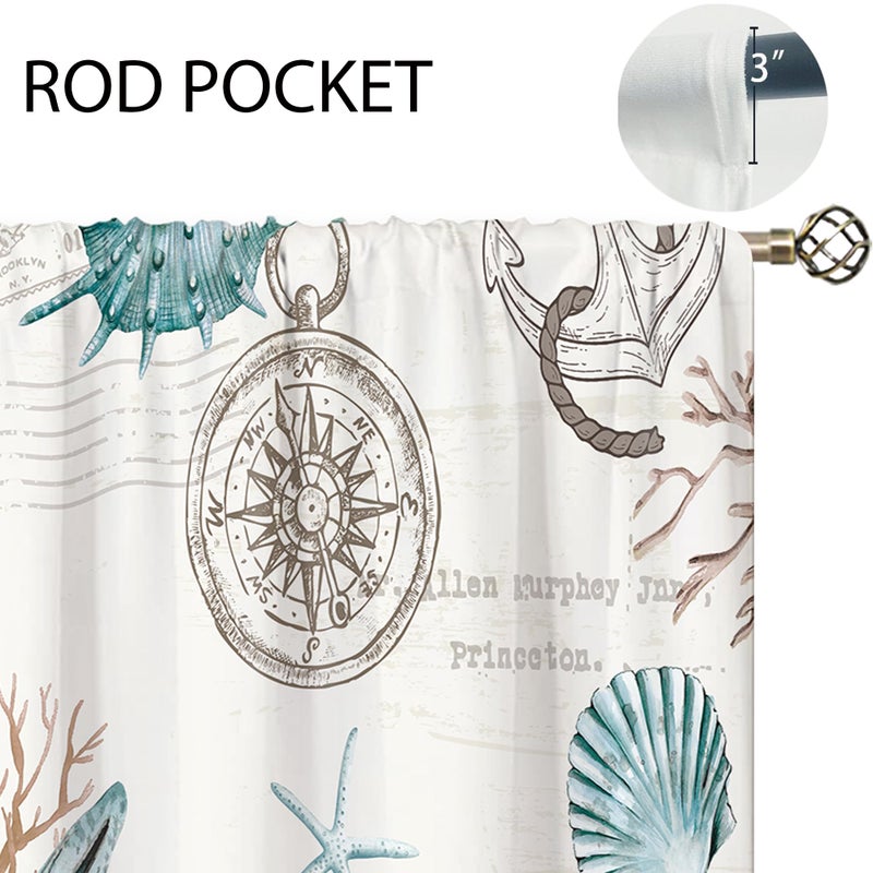 oolygoo Vintage Starfish Seashells Small Kitchen Curtains Coral Nautical Window Treatment Coastal Retro Ocean Beach Cafe Short Curtains for Bathroom Dining Room Tier Treatment Drapes 27.5x39 inch - Image 5