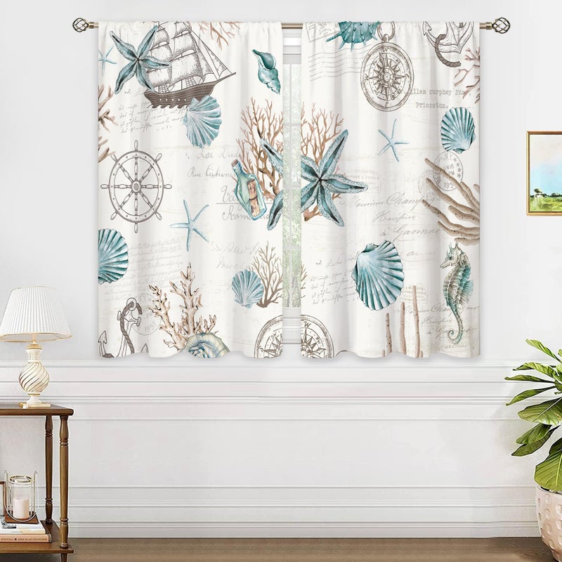 oolygoo Vintage Starfish Seashells Small Kitchen Curtains Coral Nautical Window Treatment Coastal Retro Ocean Beach Cafe Short Curtains for Bathroom Dining Room Tier Treatment Drapes 27.5x39 inch - Image 4