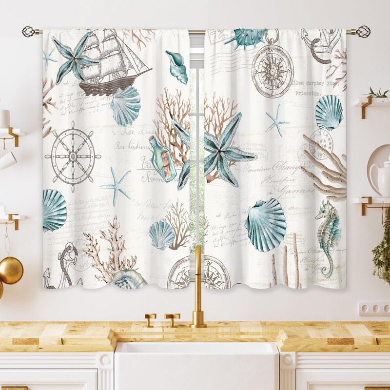 oolygoo Vintage Starfish Seashells Small Kitchen Curtains Coral Nautical Window Treatment Coastal Retro Ocean Beach Cafe Short Curtains for Bathroom Dining Room Tier Treatment Drapes 27.5x39 inch - Image 1