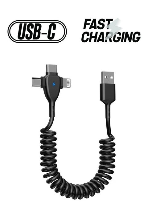 3 in 1 Coiled Lightning Cable for Car Coil iPhone Charger Cable, USB Cable Fast Charger Compatible with Lightning Type-C Micro USB for iPhone 16 14 13 12 11 XS XR X 8 7 Support iOS Android Tablets PC