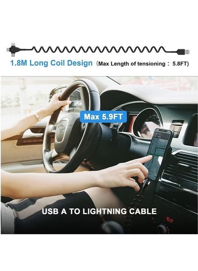 KENSUO - 3 in 1 Coiled Lightning Cable for Car Coil iPhone Charger Cable, USB Cable Fast Charger Compatible with Lightning Type-C Micro USB for iPhone 16 14 13 12 11 XS XR X 8 7 Support iOS Android Tablets PC - Image 1