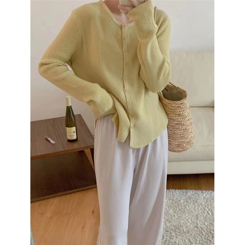 Autumn Korean Style Retro Solid Color Design Sense Two-Wear Button Slim Sweater Inner Knitted Cardigan - Image 5