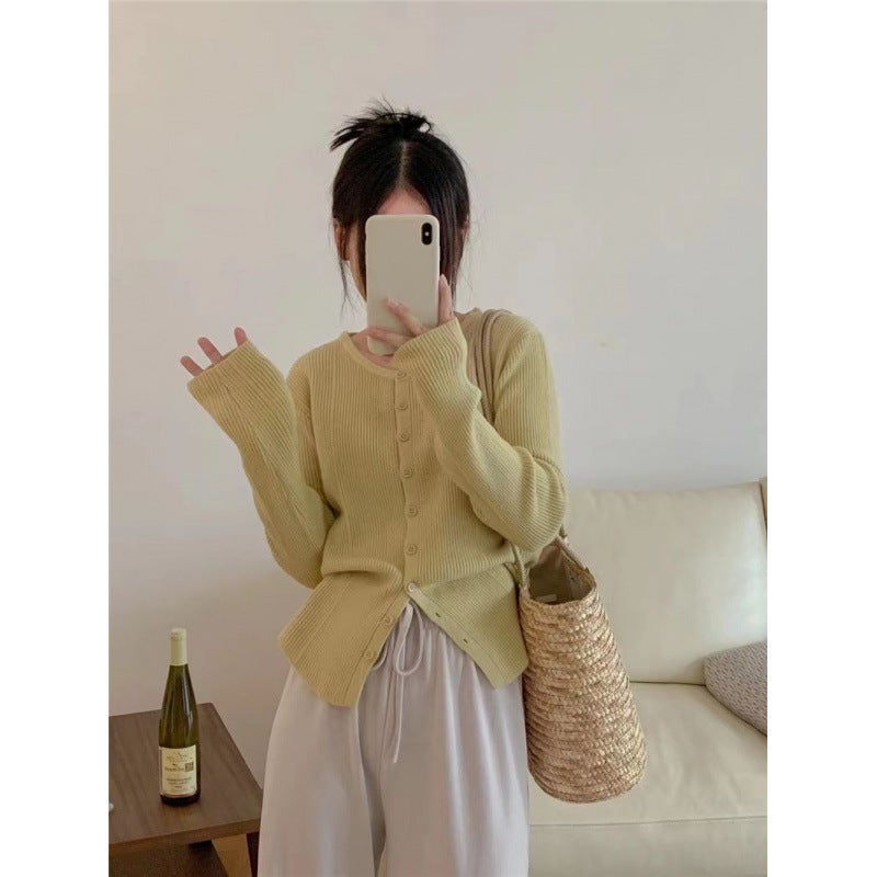 Autumn Korean Style Retro Solid Color Design Sense Two-Wear Button Slim Sweater Inner Knitted Cardigan - Image 4