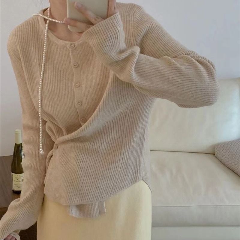 Autumn Korean Style Retro Solid Color Design Sense Two-Wear Button Slim Sweater Inner Knitted Cardigan - Image 1