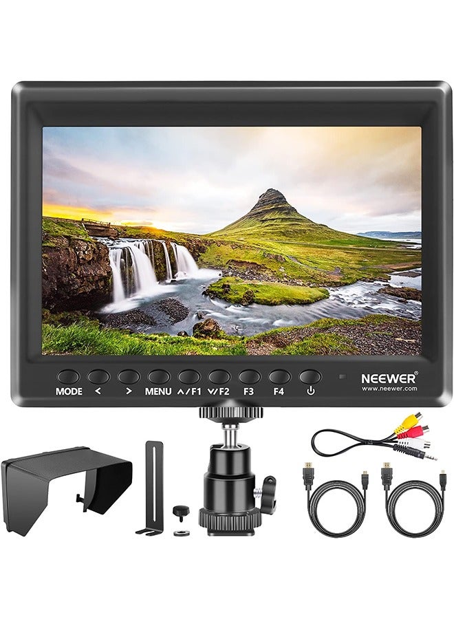 Neewer Neewer F100 7inch Camera Field Monitor HD Video Assist IPS 1280x800 HDMI Input 1080p with Sunshade and Ball Head for DSLR Cameras, Handheld Stabilizer, Film Video Making Rig (Battery Not Included)  - Image 1
