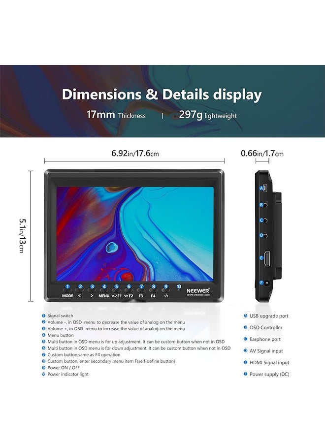 Neewer Neewer F100 7inch Camera Field Monitor HD Video Assist IPS 1280x800 HDMI Input 1080p with Sunshade and Ball Head for DSLR Cameras, Handheld Stabilizer, Film Video Making Rig (Battery Not Included)  - Image 2