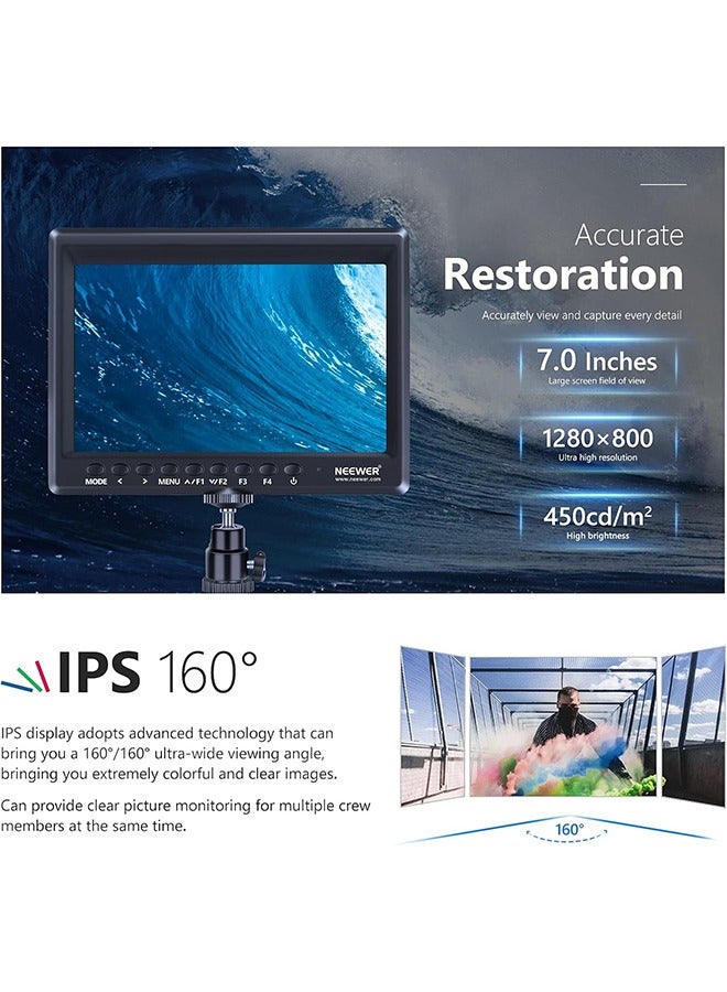Neewer Neewer F100 7inch Camera Field Monitor HD Video Assist IPS 1280x800 HDMI Input 1080p with Sunshade and Ball Head for DSLR Cameras, Handheld Stabilizer, Film Video Making Rig (Battery Not Included)  - Image 3