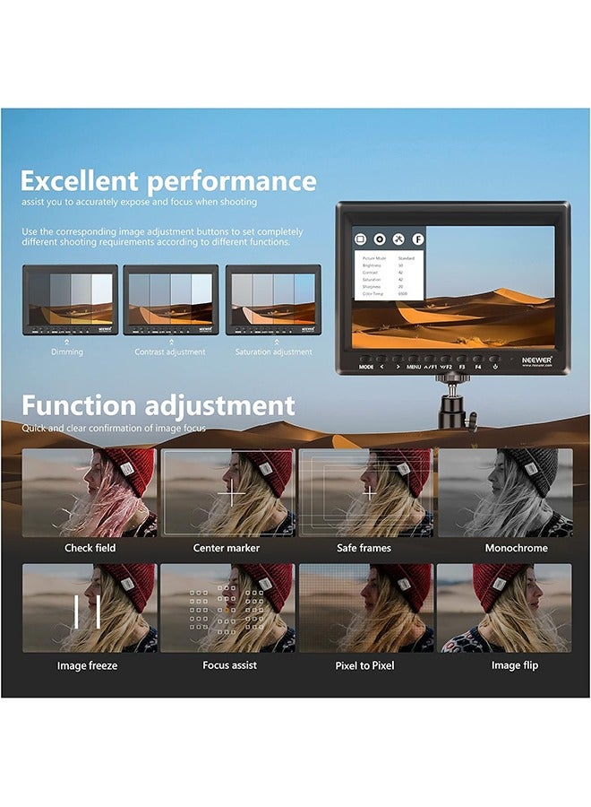 Neewer Neewer F100 7inch Camera Field Monitor HD Video Assist IPS 1280x800 HDMI Input 1080p with Sunshade and Ball Head for DSLR Cameras, Handheld Stabilizer, Film Video Making Rig (Battery Not Included)  - Image 4