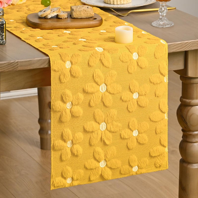 Artoid Mode Yellow Soft Plush Faux Fur Jacquard Embroidery Daisy Spring Table Runner, Kitchen Dining Table Decoration for Home Party Decor 13x72 Inch - Image 1
