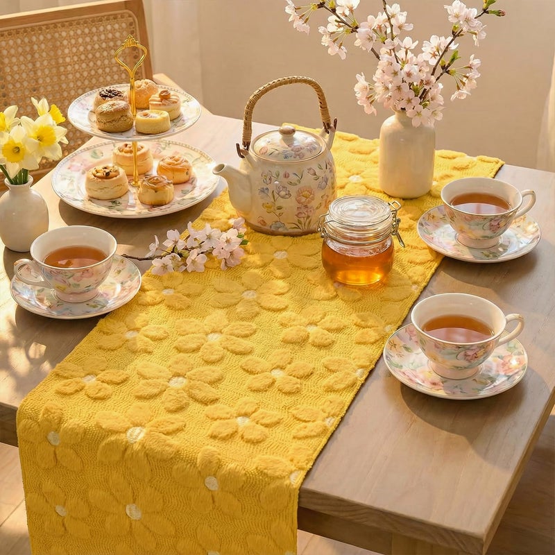 Artoid Mode Yellow Soft Plush Faux Fur Jacquard Embroidery Daisy Spring Table Runner, Kitchen Dining Table Decoration for Home Party Decor 13x72 Inch - Image 5