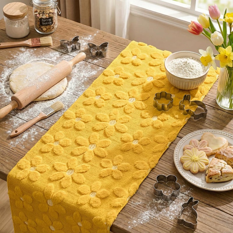 Artoid Mode Yellow Soft Plush Faux Fur Jacquard Embroidery Daisy Spring Table Runner, Kitchen Dining Table Decoration for Home Party Decor 13x72 Inch - Image 4