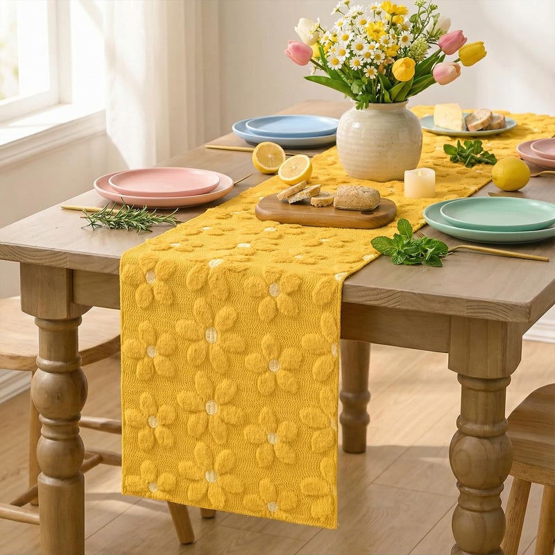 Artoid Mode Yellow Soft Plush Faux Fur Jacquard Embroidery Daisy Spring Table Runner, Kitchen Dining Table Decoration for Home Party Decor 13x72 Inch - Image 3