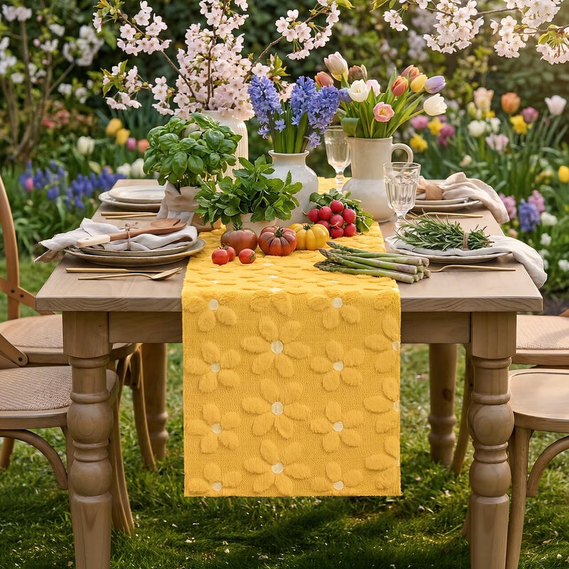 Artoid Mode Yellow Soft Plush Faux Fur Jacquard Embroidery Daisy Spring Table Runner, Kitchen Dining Table Decoration for Home Party Decor 13x72 Inch - Image 2