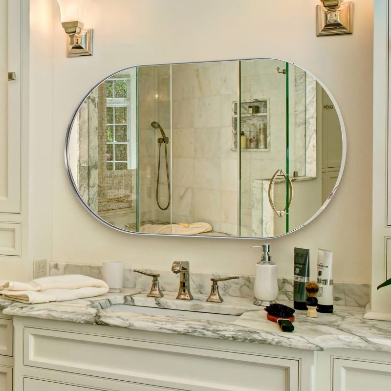 ANDY STAR Chrome Oval Mirror for Bathroom 24x40 Oval Vanity Mirror for Wall Polished Nickel Mirrors for Bathroom in SUS304 Metal Frame 1 Deep Wall Mounted VerticalHorizontal AntiRust