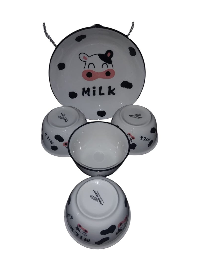5-Piece Porcelain Dinnerware Set with Cow Milk Design - Image 3