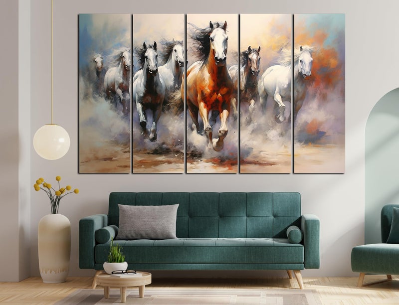 CN RETAILS Vaastu 7 Horses Set of 5 Big Size (48x30) Multiple Frames Wall Art Painting for Bedroom,Drawing room,Hotels-Wooden Framed-Digital Painting ss17_06 - Image 4