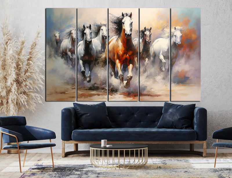CN RETAILS Vaastu 7 Horses Set of 5 Big Size (48x30) Multiple Frames Wall Art Painting for Bedroom,Drawing room,Hotels-Wooden Framed-Digital Painting ss17_06 - Image 2