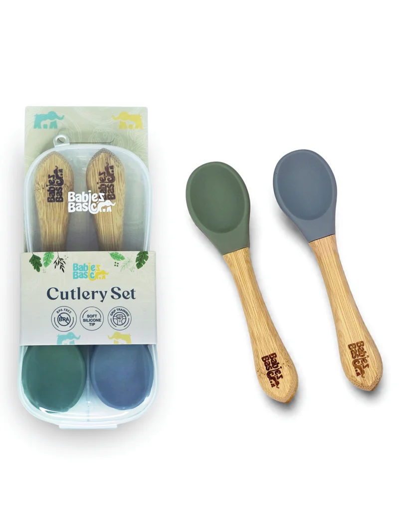 Babies Basic Babies Basic Silicone Spoon with Bamboo Handle for Kids, Green and Indigo
