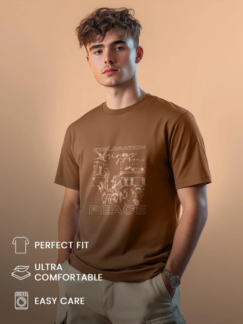 NOBERO  Men's Brown Printed T-Shirt for Men for Men | Best Price UAE