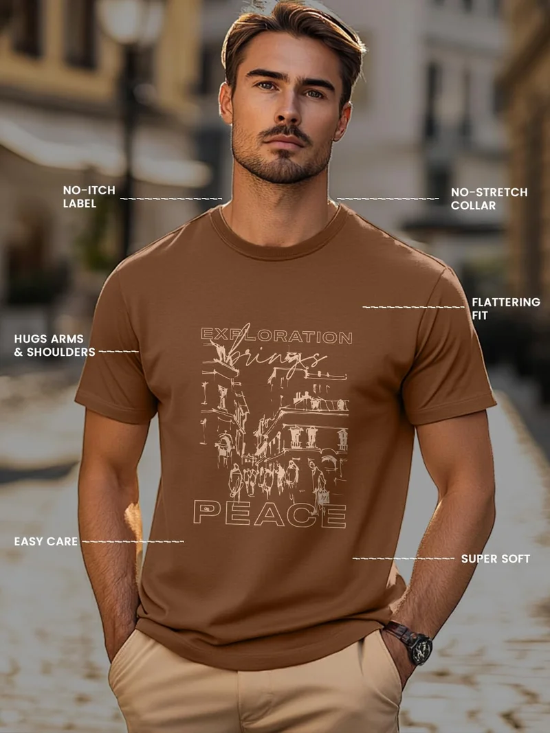 NOBERO  Men's Brown Printed T-Shirt for Men for Men | Best Price UAE