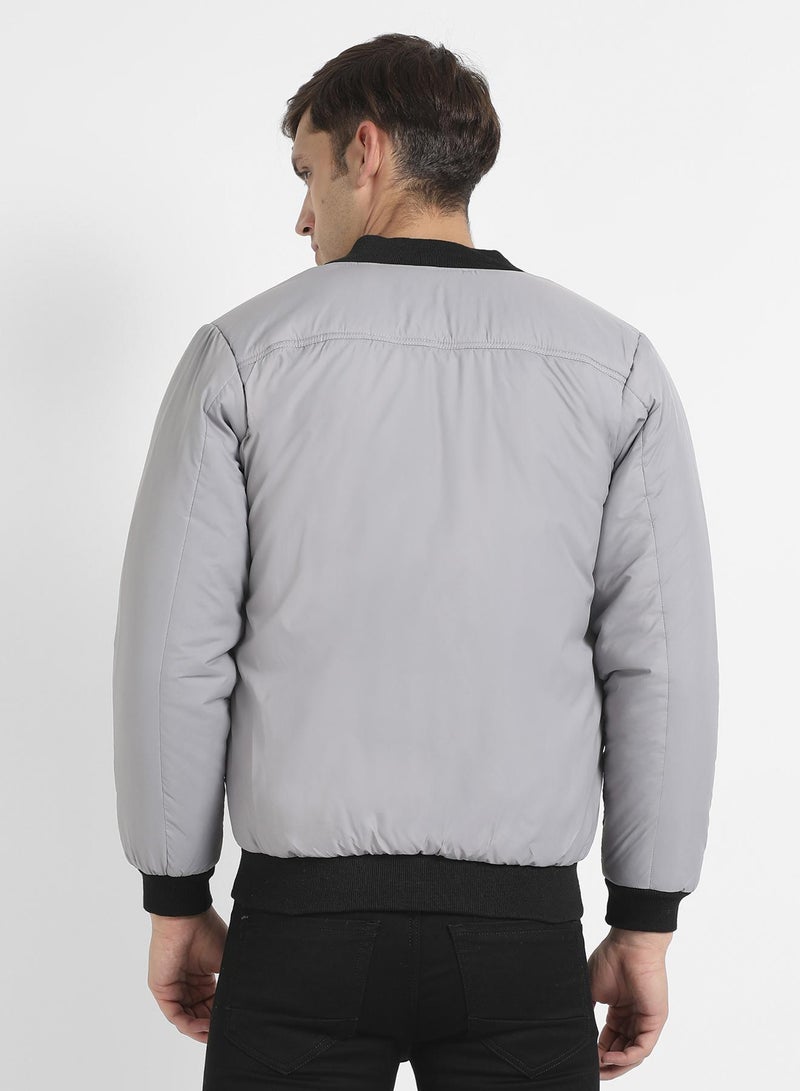 Campus Sutra Men's Light Grey Zip-Front Puffer Jacket With Contrast Detail  - Image 3