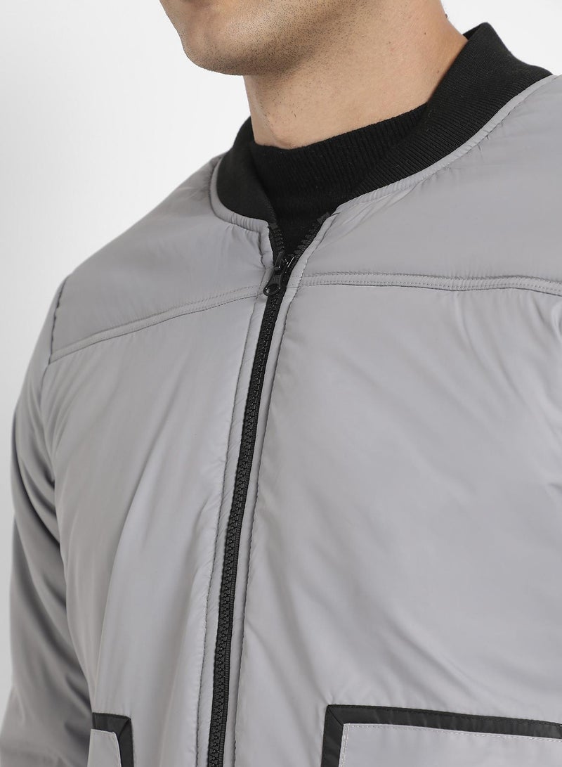 Campus Sutra Men's Light Grey Zip-Front Puffer Jacket With Contrast Detail  - Image 5
