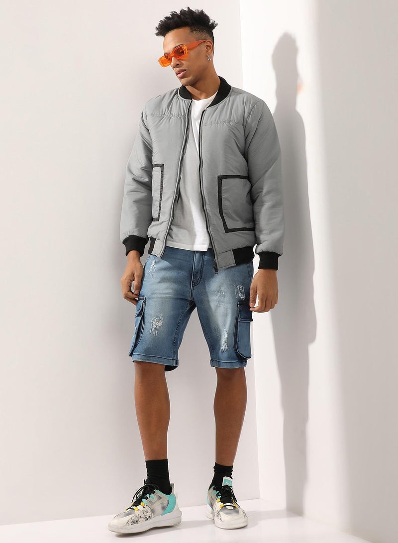 Campus Sutra Men's Light Grey Zip-Front Puffer Jacket With Contrast Detail  - Image 2