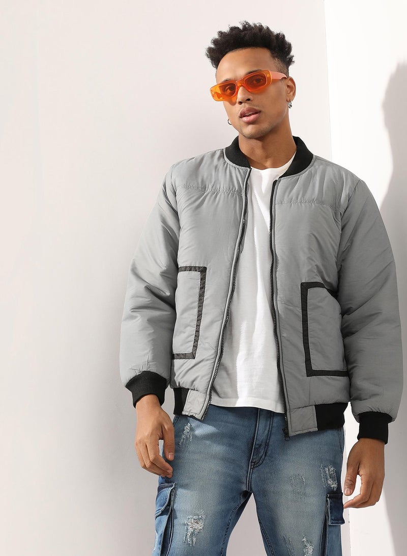 Campus Sutra Men's Light Grey Zip-Front Puffer Jacket With Contrast Detail  - Image 1