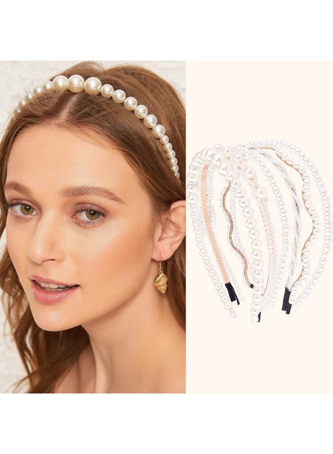 AMCAMI 6 Pcs Pearl Headband White Headband Rhinestones Hairbands Sparkly Beaded Headband Hair Hoop Wedding Headband Pearl Hair Accessories For Women Girls Diademas Para Mujer De Moda - Image 2