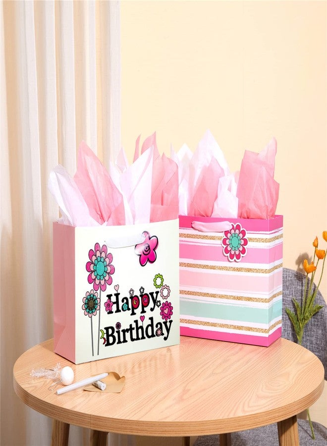 SUNCOLOR 13" Large Gift Bags for Birthday Party with Tissue Paper(2 Pack, Flower with Happy Birthday) - Image 2