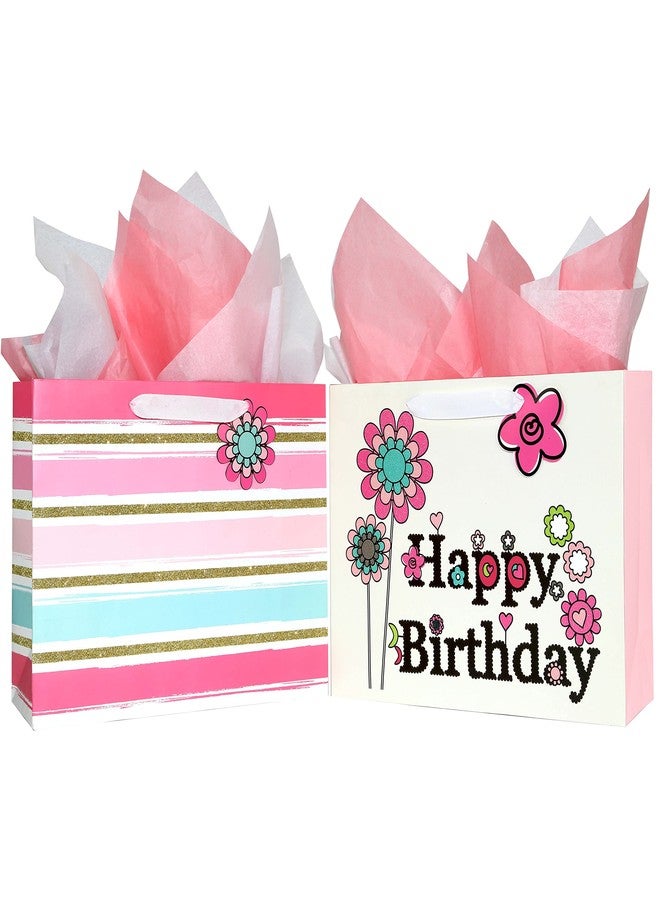 SUNCOLOR 13" Large Gift Bags for Birthday Party with Tissue Paper(2 Pack, Flower with Happy Birthday) - Image 1