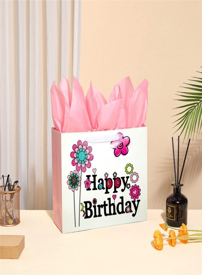 SUNCOLOR 13" Large Gift Bags for Birthday Party with Tissue Paper(2 Pack, Flower with Happy Birthday) - Image 5