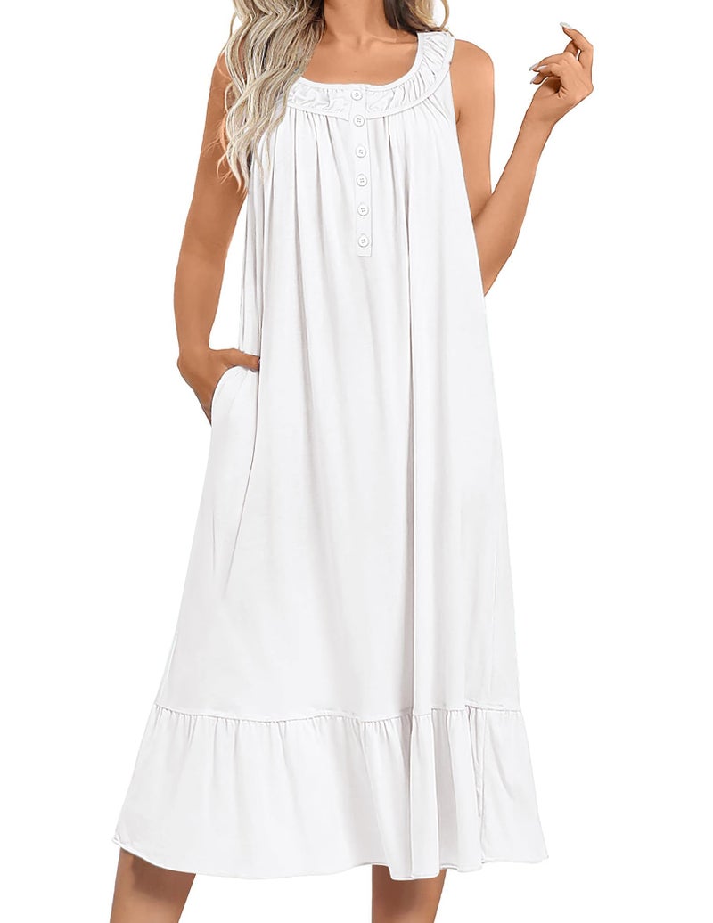 Ekouaer Women's Nightgowns Long Sleeveless Night gown with Pockets Soft Ladies Nightdress White - Image 1