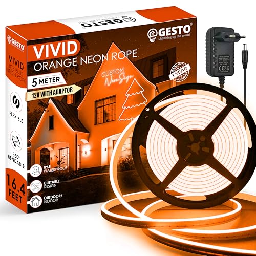 Gesto 16.4 Ft Neon LED Strip Light with 12V Adapter | Waterproof, Flexible & Cuttable Rope Light for Diwali Decor, Wall Decor, Indoor Outdoor Lighting, Neon Sign Board & Custom Name Design – Orange - Image 1