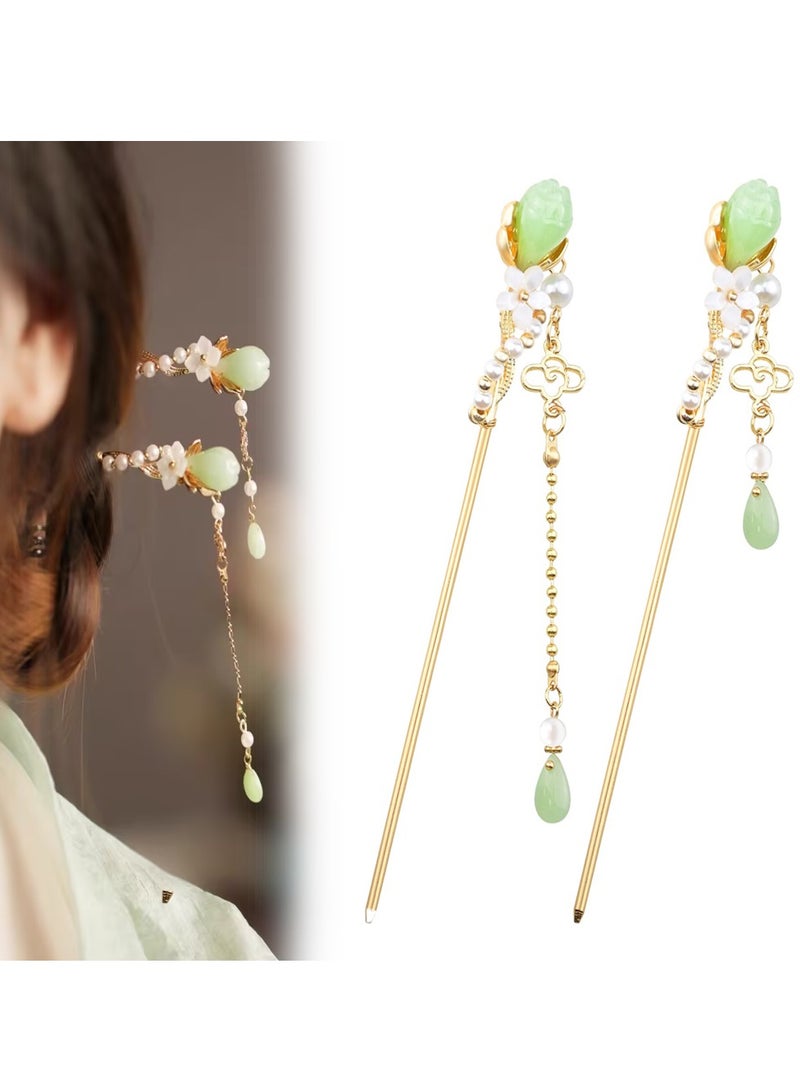 SYOSI, 2 Pack Chinese Traditional Flowers Hair Sticks, Jade Tassel Vintage Hairpin Chopsticks, Chinese Hanfu TV Classical Style Hair Accessories for Girls Travel Makeup - Image 1