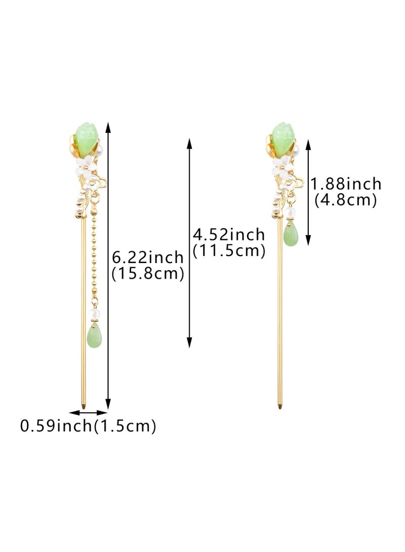 SYOSI, 2 Pack Chinese Traditional Flowers Hair Sticks, Jade Tassel Vintage Hairpin Chopsticks, Chinese Hanfu TV Classical Style Hair Accessories for Girls Travel Makeup - Image 3
